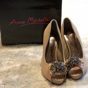 Anne Michelle Open Toe Tan 4” Stiletto Heels, 7.5